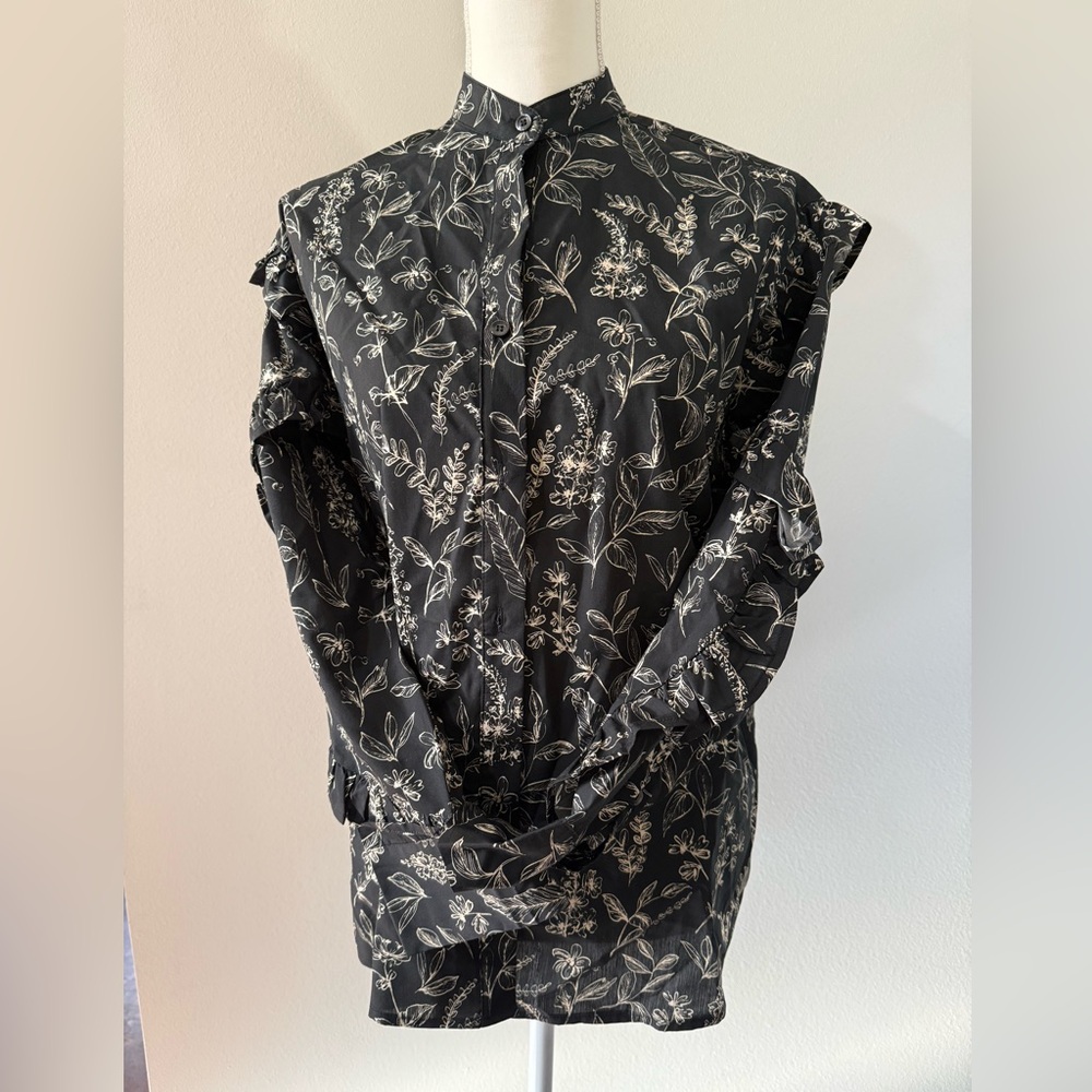 Thakoon Black Floral Print Women’s Button-Up Shirt with Ruffle Sleeve Detail